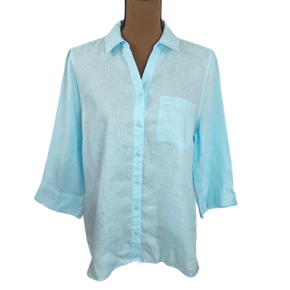 Chico’s No-Iron Linen 3/4 sleeve sheer Shirt in bright baby blue size US 10 - Picture 1 of 12